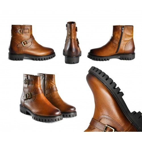 Bottines en cuir à double boucle et zip