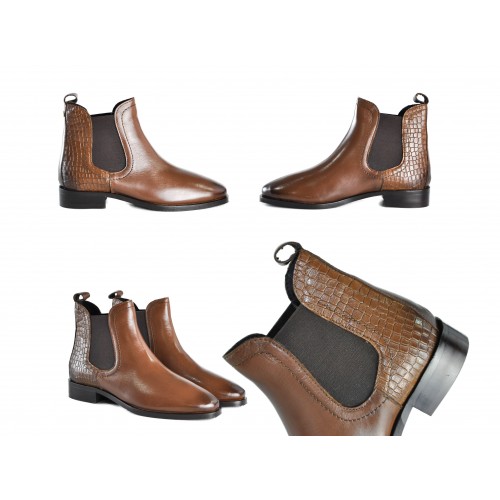 Bottines en cuir avec élastique et gravure noix de coco TAN