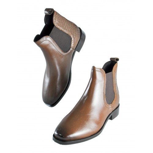 Bottines en cuir avec élastique et gravure noix de coco TAN