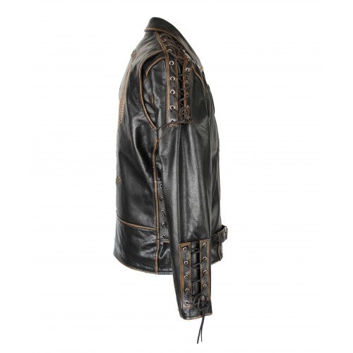 Blouson biker en cuir avec aigle et cordes