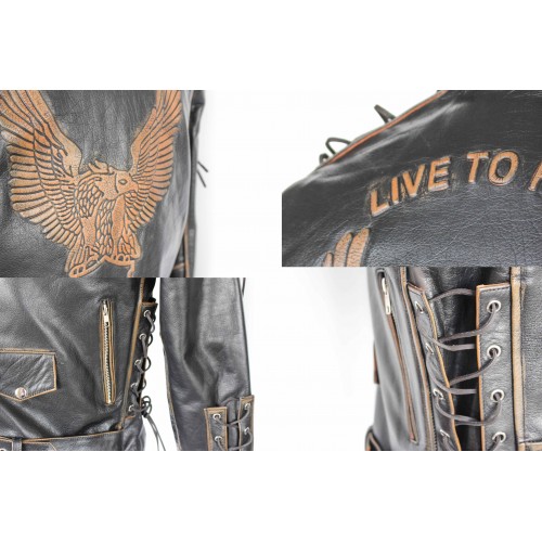 Blouson biker en cuir avec aigle et cordes