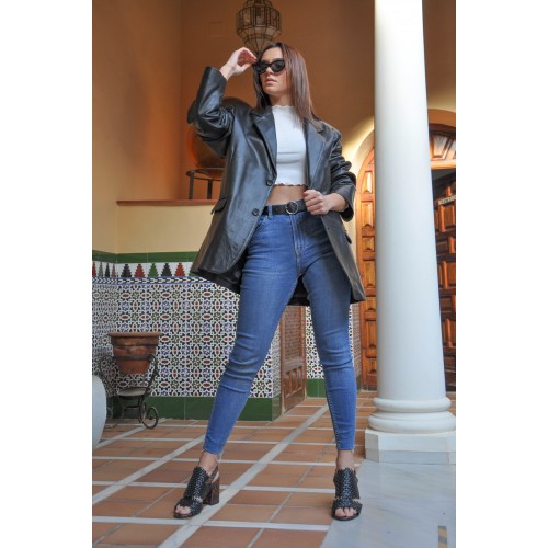 Blazer en cuir boutonné de style élégant