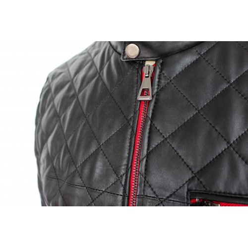 Veste en cuir matelassée avec détail rouge
