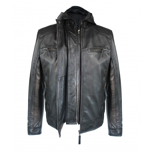 Veste en cuir NOTTE à capuche amovible