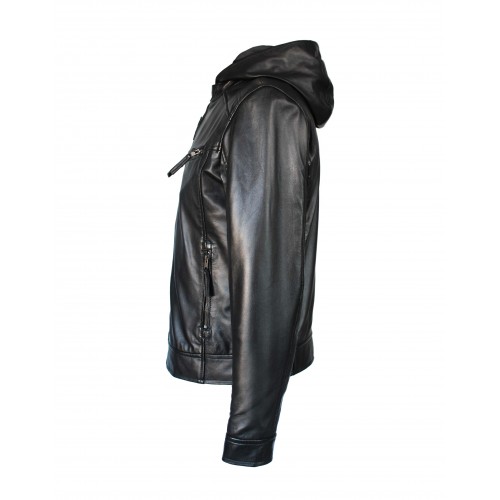 Veste en cuir NOTTE à capuche amovible