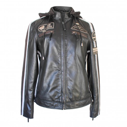 Veste en cuir avec patchs et capuche amovible BALLWO