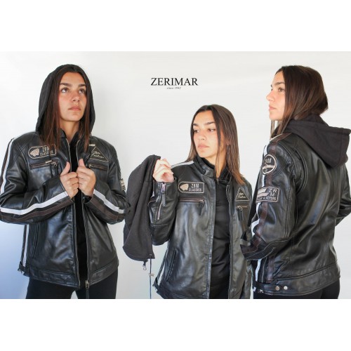 Veste en cuir avec patchs et capuche amovible BALLWO
