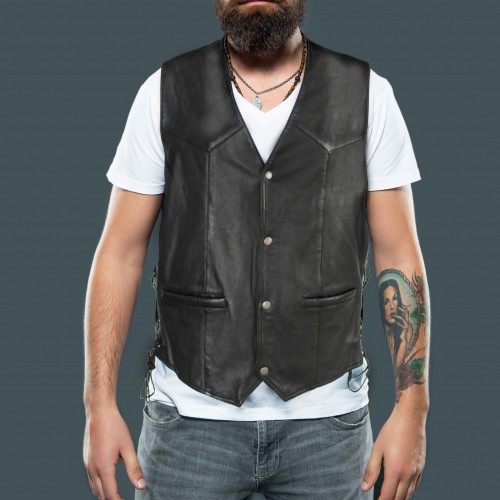Gilet en cuir avec poches et lacets latéraux