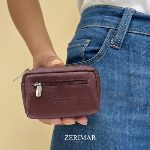 Bourse en cuir avec porte-clés 7x11 cm CERISE