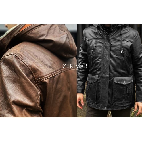 Parka en cuir à capuche amovible MASERTO
