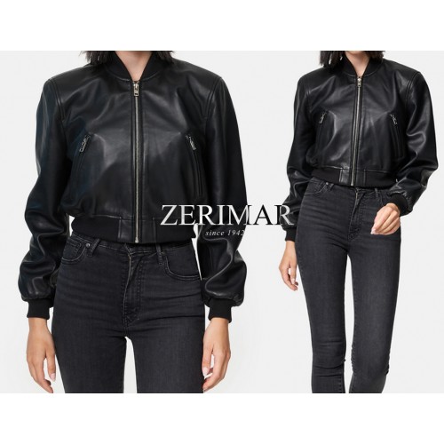 Bomber court en cuir avec fermeture éclair modèle MITES