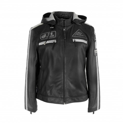 Veste en cuir avec patchs et capuche amovible BOLLWOM