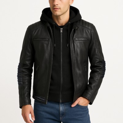 Veste en cuir BANDO à capuche amovible