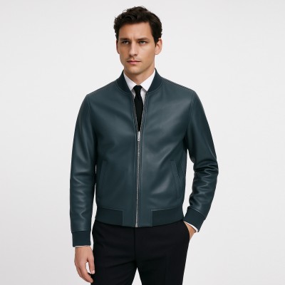 Blouson bomber en cuir avec col et poignets en maille CLASSY