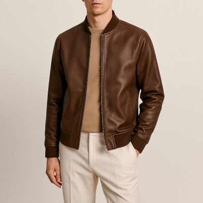 Blouson bomber en cuir avec col et poignets en maille CLASSY