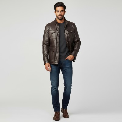 Veste en cuir avec double fermeture et poches modèle FISHER