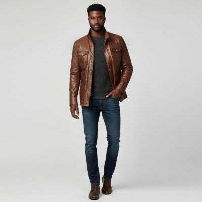 Veste en cuir avec double fermeture et poches modèle FISHER