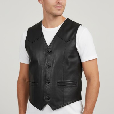 Gilet en cuir avec poches et fermeture boutonnée