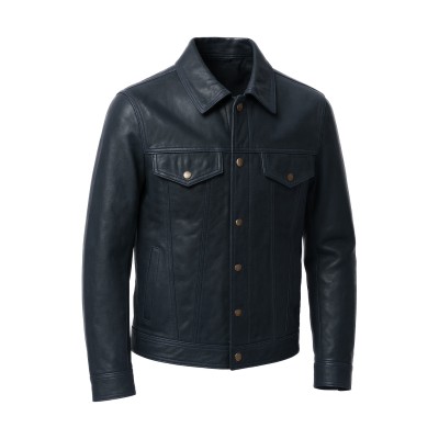 Veste en cuir style jean avec col classique et boutons pression