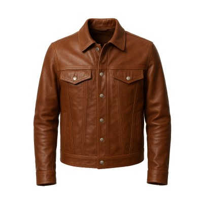 Veste en cuir style jean avec col classique et boutons pression