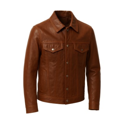 Veste en cuir style jean avec col classique et boutons pression