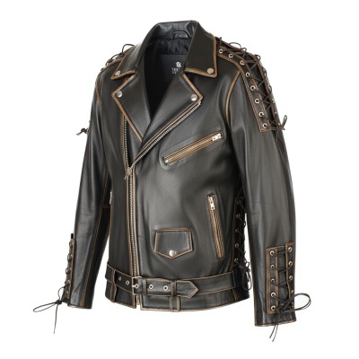 Blouson biker en cuir avec aigle et cordes