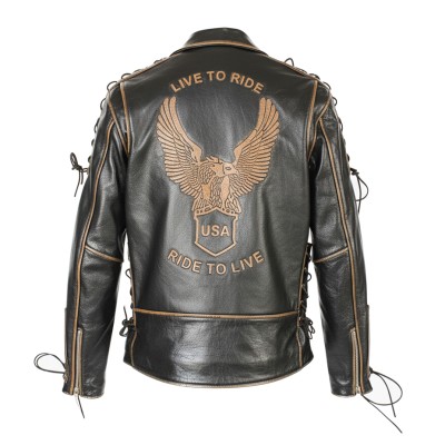 Blouson biker en cuir avec aigle et cordes