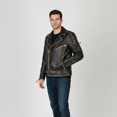 Blouson biker en cuir avec aigle et cordes