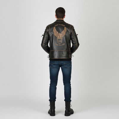 Blouson biker en cuir avec aigle et cordes