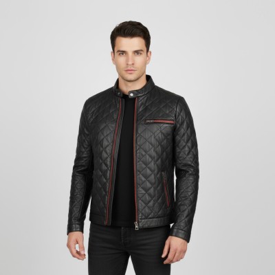 Veste en cuir matelassée avec détail rouge