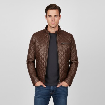 Veste en cuir matelassée avec détail rouge