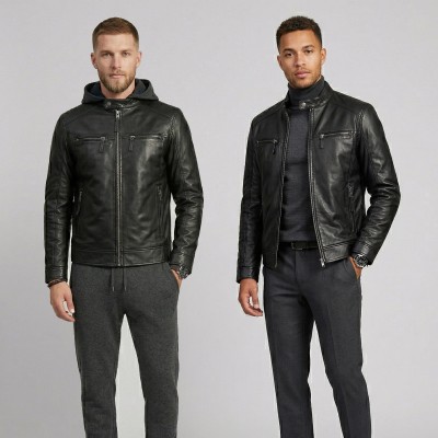 Veste en cuir NOTTE à capuche amovible