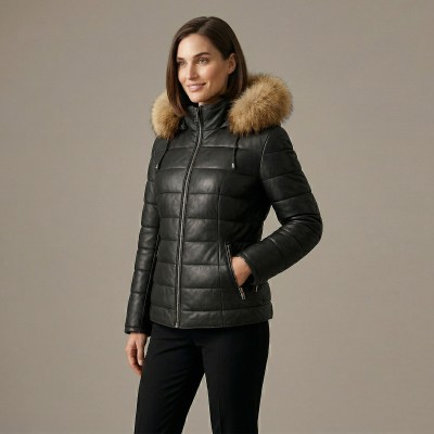 Blouson en cuir à capuche racoon modèle ALMOND