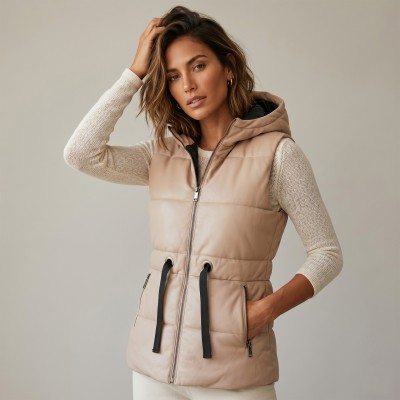 Gilet en fourrure matelassé avec capuche et nœud