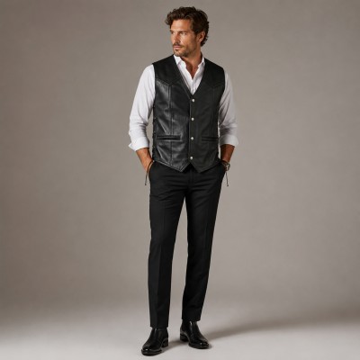 Gilet en cuir avec poches et lacets latéraux
