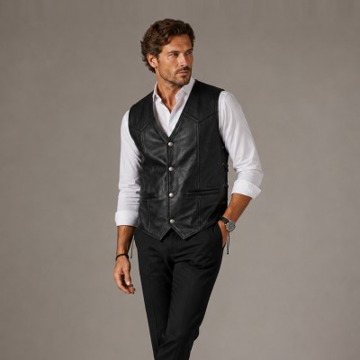 Gilet en cuir avec poches et lacets latéraux