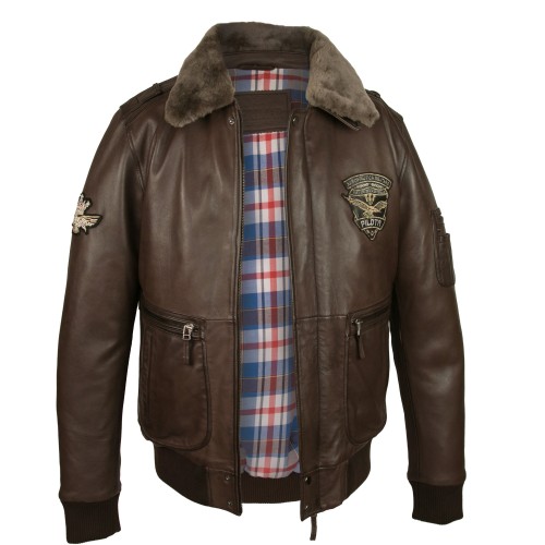 Veste en cuir avec patchs style aviateur avec col amovible Zerimar - 2