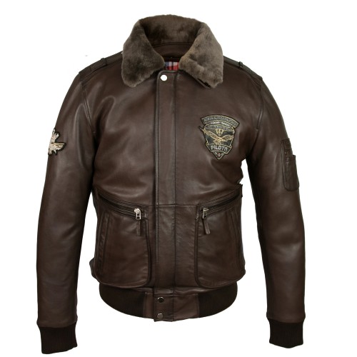 Veste en cuir avec patchs style aviateur avec col amovible Zerimar - 2