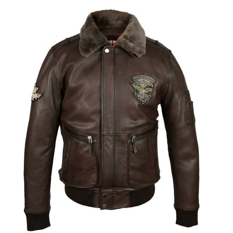Veste en cuir avec patchs style aviateur avec col amovible Zerimar - 2
