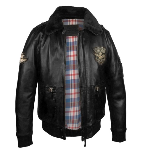 Veste en cuir avec patchs style aviateur avec col amovible